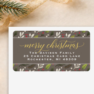 Merry Christmas Taupe Gold Elegant Script Address Label