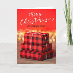 Merry Christmas Teacher Stack of Gifts on Red Holiday Card