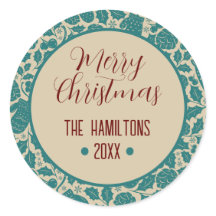 Merry Christmas Teal Floral Custom Family Name