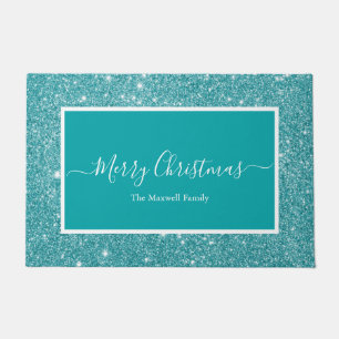 Merry Christmas teal glitter script family name Doormat