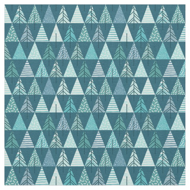 Merry Christmas Teal Tree Geometric Pattern Fabric (Close Up)