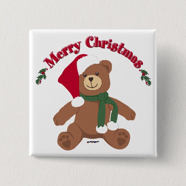 Merry Christmas Teddy Bear 2 Inch Square Button (Front)