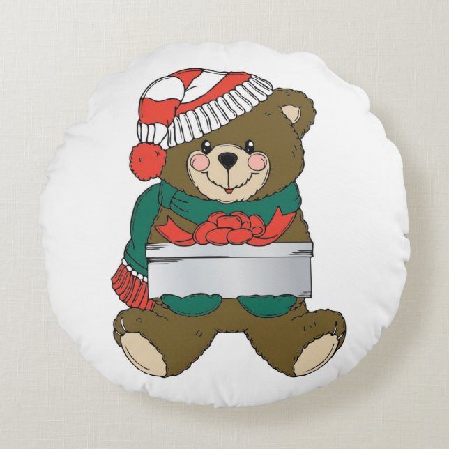 "MERRY CHRISTMAS" TEDDY BEAR ROUND PILLOW (Front)