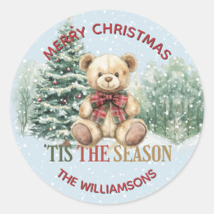 Merry Christmas Teddy Bear Snow Scene Name Classic Round Sticker