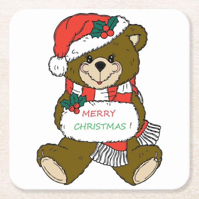 "MERRY CHRISTMAS" TEDDY BEAR SQUARE PAPER COASTER (Front)