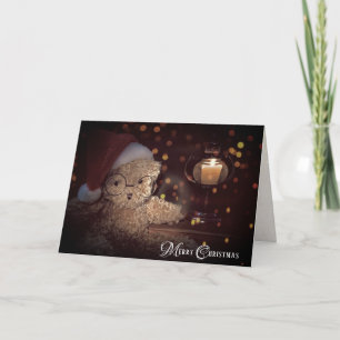 Merry Christmas teddy bear with candle glow Card