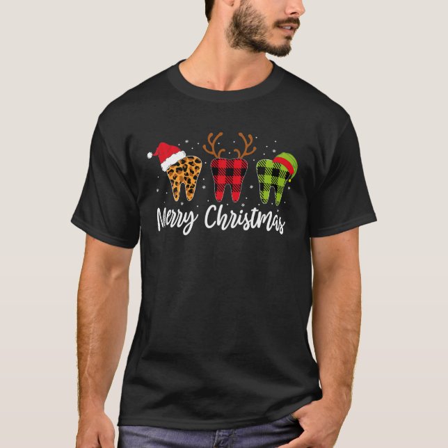 Merry Christmas Teeth Buffalo Plaid Leopard Xmas T-Shirt (Front)