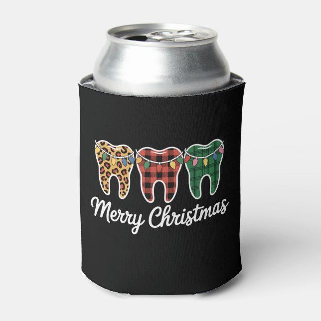 Merry Christmas Teeth Leopard Plaid Lights Dentist Can Cooler (Can Front)
