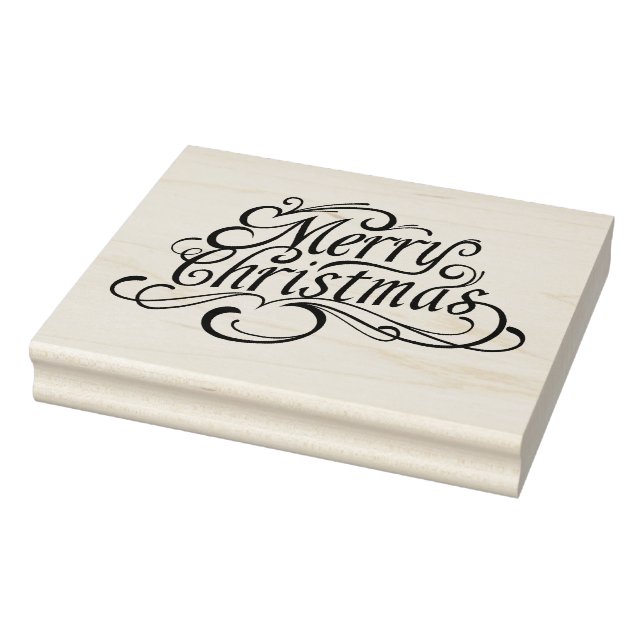 Merry Christmas text, bells and holly Rubber Stamp (Stamp)