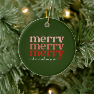 Merry Christmas Text Greeting Red and Green Ceramic Ornament