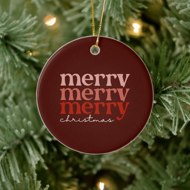 Merry Christmas Text Greeting Red Ceramic Ornament (Tree)