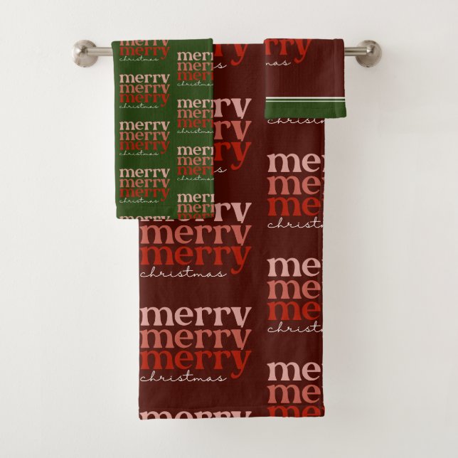 Merry Christmas Text Greeting Red & Green Pattern Bath Towel Set (Insitu)