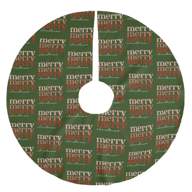 Merry Christmas Text Greeting Red & Green Pattern Brushed Polyester Tree Skirt (Front)