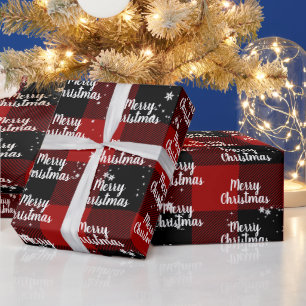 Merry Christmas Text In Snowflakes On Plaid  Wrapping Paper
