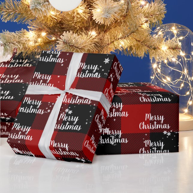 Merry Christmas Text In Snowflakes On Plaid  Wrapping Paper (Holidays)