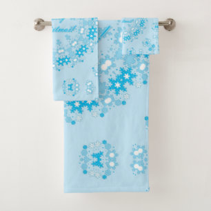 Merry Christmas text round frame snowflake blue wh Bath Towel Set