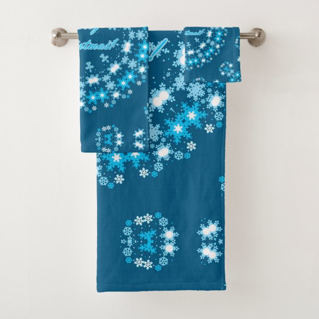 Merry Christmas text round frame snowflake blue wh Bath Towel Set (Insitu)