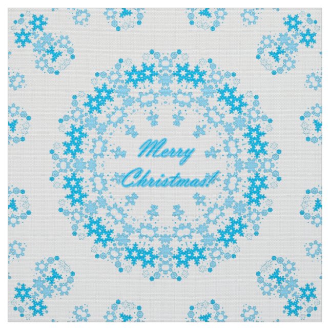 Merry Christmas text round frame snowflake blue wh Fabric (Swatch)