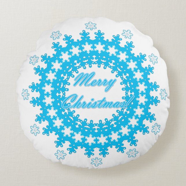 Merry Christmas text round frame snowflake blue wh Pillow (Front)