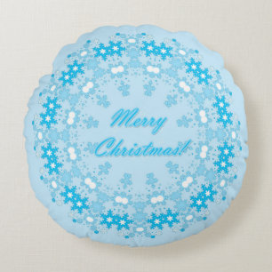 Merry Christmas text round frame snowflake blue wh Pillow