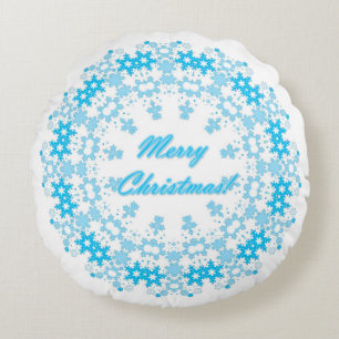 Merry Christmas text round frame snowflake blue wh Pillow