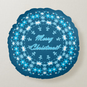 Merry Christmas text round frame snowflake blue wh Pillow