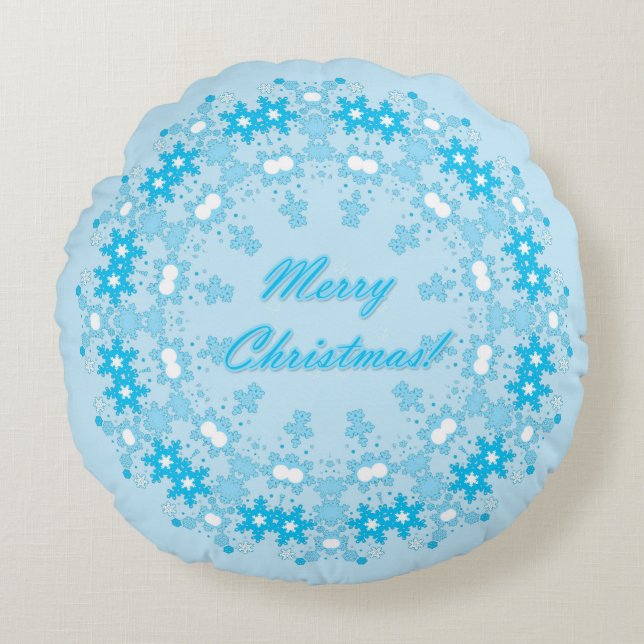 Merry Christmas text round frame snowflake blue wh Round Pillow (Front)