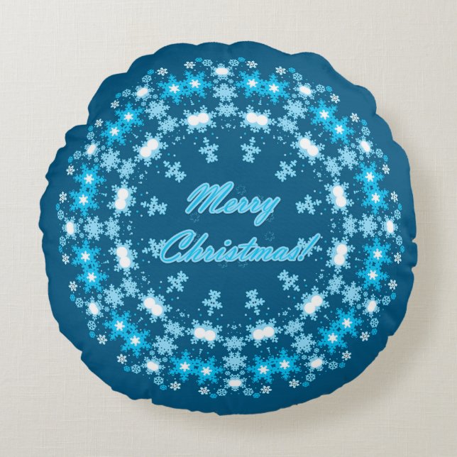 Merry Christmas text round frame snowflake blue wh Round Pillow (Front)