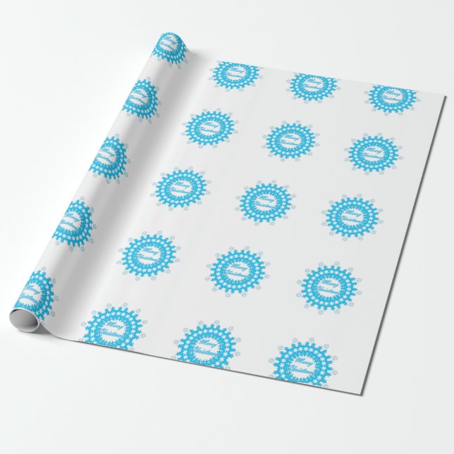 Merry Christmas text round frame snowflake blue wh Wrapping Paper (Unrolled)
