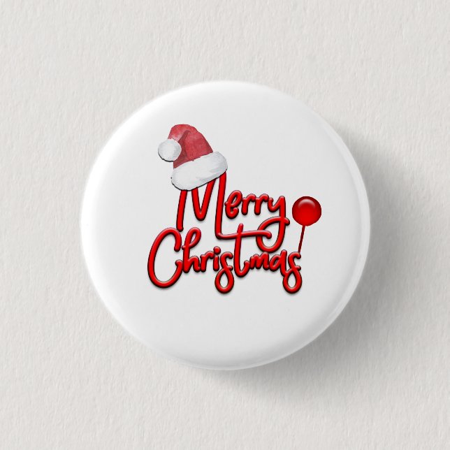 Merry Christmas Text Santa Cap 1 Inch Round Button (Front)
