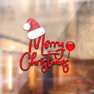 Merry Christmas Text Santa Cap  Window Cling