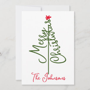 Merry Christmas Text Tree Minimal Red Snowflake Holiday Card