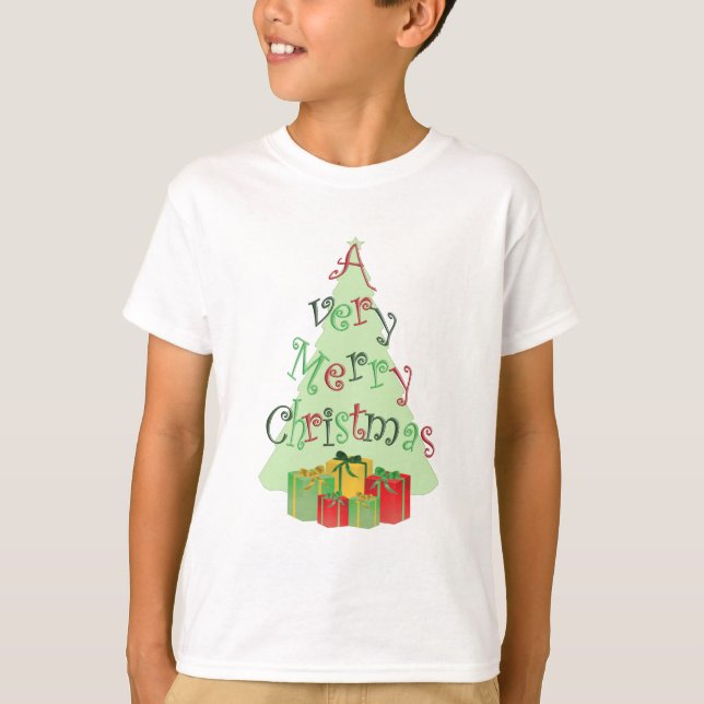 Merry Christmas Text with Tree and Gifts T-Shirts (Front)