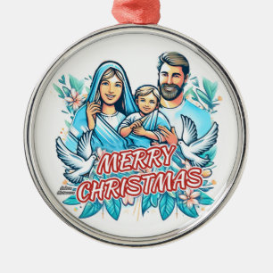 Merry Christmas - The Holy Family - Nativity Metal Ornament