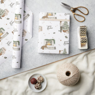 Merry Christmas Theme Scene Neutral Pine Gift Wrapping Paper
