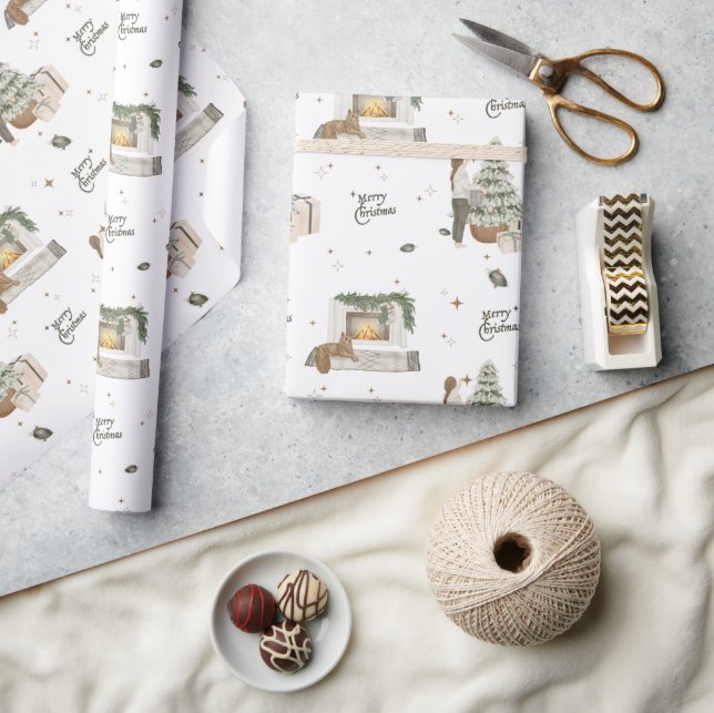 Merry Christmas Theme Scene Neutral Pine Gift Wrapping Paper (Crafts)