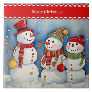 Merry Christmas, Three Colourful Snowmen, Tile
