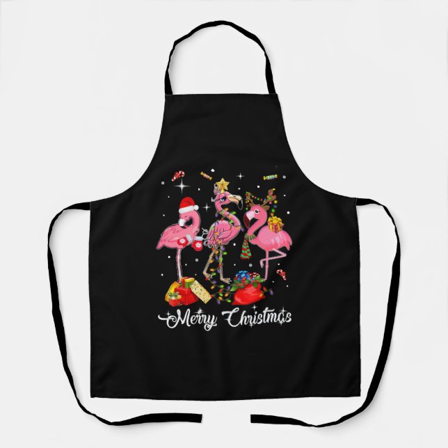 Merry Christmas Three Flamingo With Santa Hat Apron (Front)