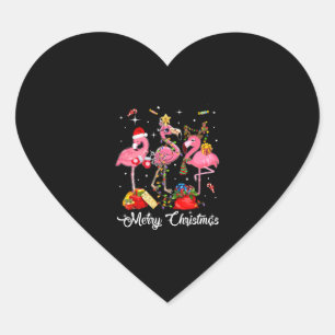 Merry Christmas Three Flamingo With Santa Hat Heart Sticker