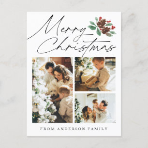 Merry Christmas Three Photo Cherry Botanical Holiday Postcard