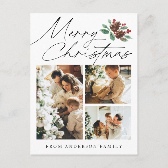 Merry Christmas Three Photo Cherry Botanical Holiday Postcard (Front)