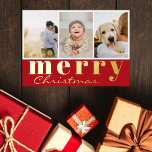 Merry Christmas Three Photo Collage Red White Foil Holiday Card<br><div class="desc">Elegant modern Christmas real gold foil holiday card featuring three photo collage and a Holiday greeting in gold on the red background: Merry Christmas, in a mix of classic typography and chic modern handwritten script. The reverse of the card contains your custom Christmas message with your last name and year...</div>