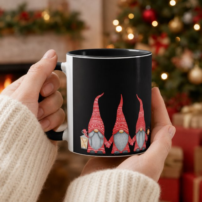 Merry Christmas Three Red Gnomes Black Coffee Mug (Creator Uploaded)
