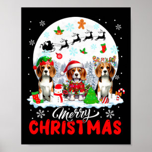 Merry Christmas Three Santa Elf Reindeer Beagles O Poster