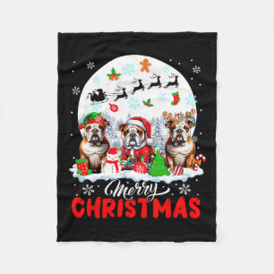 Merry Christmas Three Santa Elf Reindeer Bulldogs  Fleece Blanket
