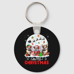 Merry Christmas Three Santa Elf Reindeer Bulldogs Keychain