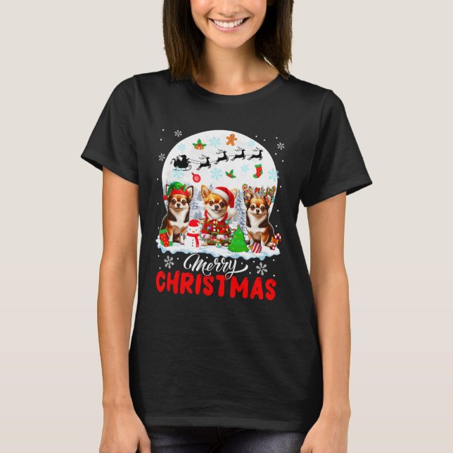 Merry Christmas Three Santa Elf Reindeer Chihuahua T-Shirt (Front)