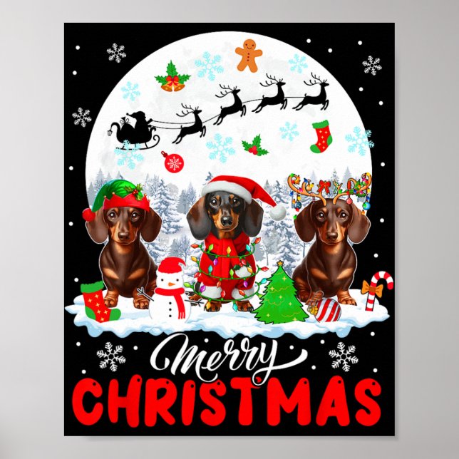 Merry Christmas Three Santa Elf Reindeer Dachshund Poster (Front)