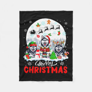 Merry Christmas Three Santa Elf Reindeer Huskies O Fleece Blanket