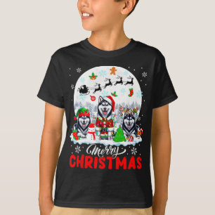 Merry Christmas Three Santa Elf Reindeer Huskies O T-Shirt